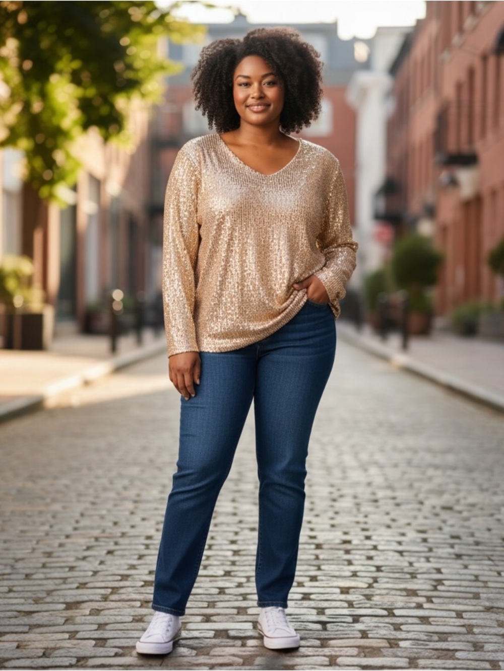 Sequined V-Neck Long-Sleeve Blouse in Gold